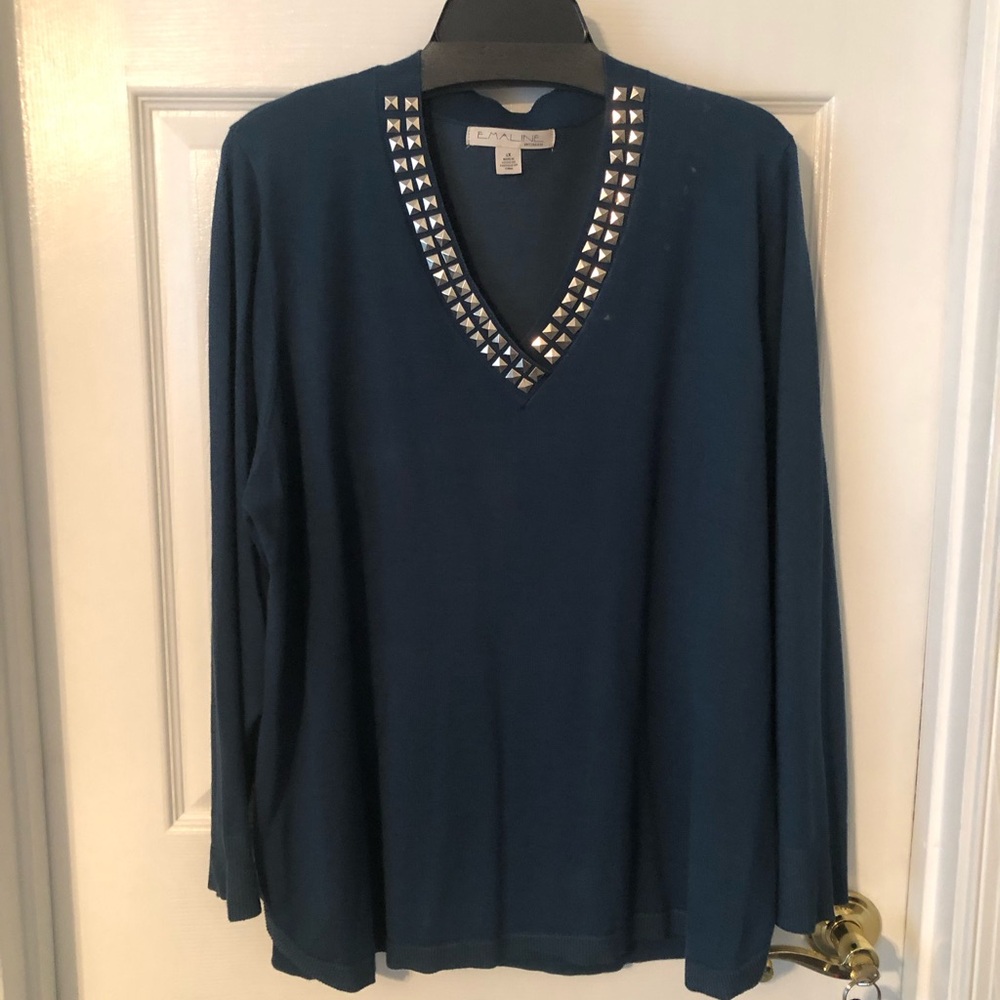 Teal V-Neck Top with Silver Studded Detail